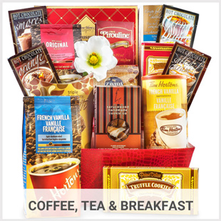 coffee and tea baskets, breakfast baskets, Tim Horton's coffee gift baskets, Starbucks baskets